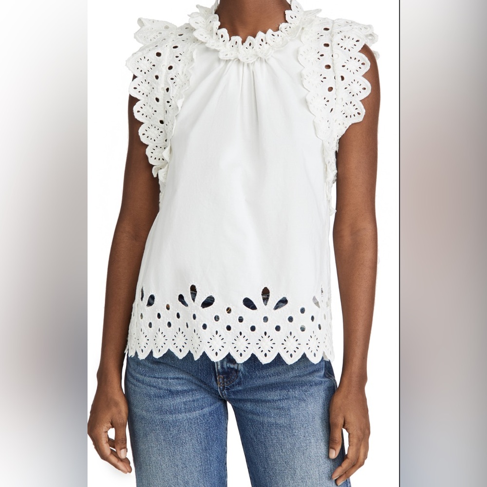 Sea Hazel Eyelet Flutter Sleeve Top White L